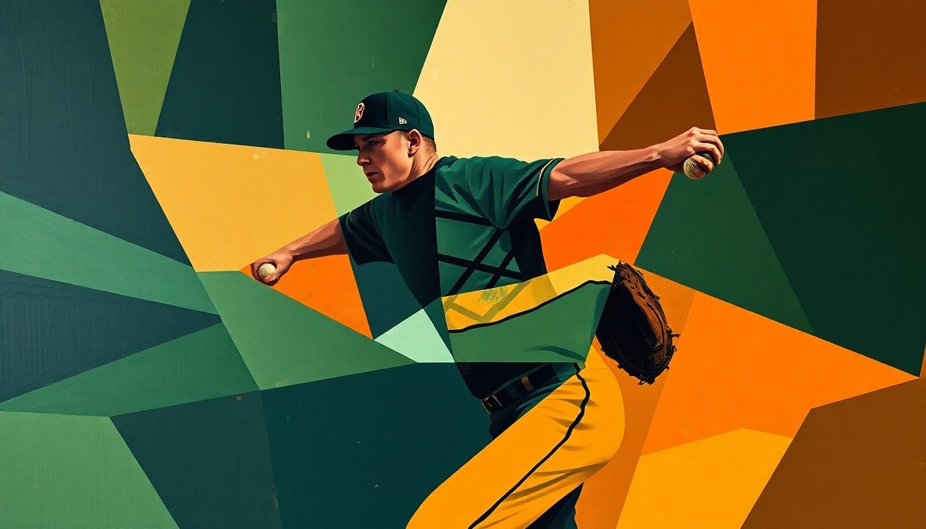 A fragmented, geometric painting in navy, green, and orange hues depicting the motion of a baseball pitcher in an abstract, cubist style.