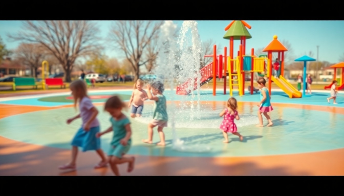 An abstract, impressionistic photograph of children playing on colorful splash pad and climbing structures in a public park, captured in a soft, out-of-focus style with warm, pastel tones.