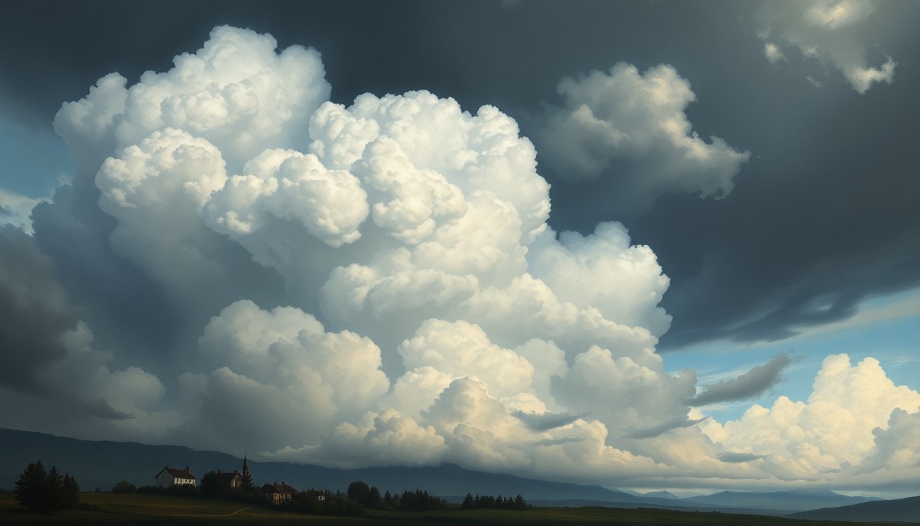 A dramatic landscape painting featuring a massive, towering cumulonimbus cloud formation dominating the skyline, with small silhouettes of buildings and trees dwarfed by the overwhelming scale of the storm system.