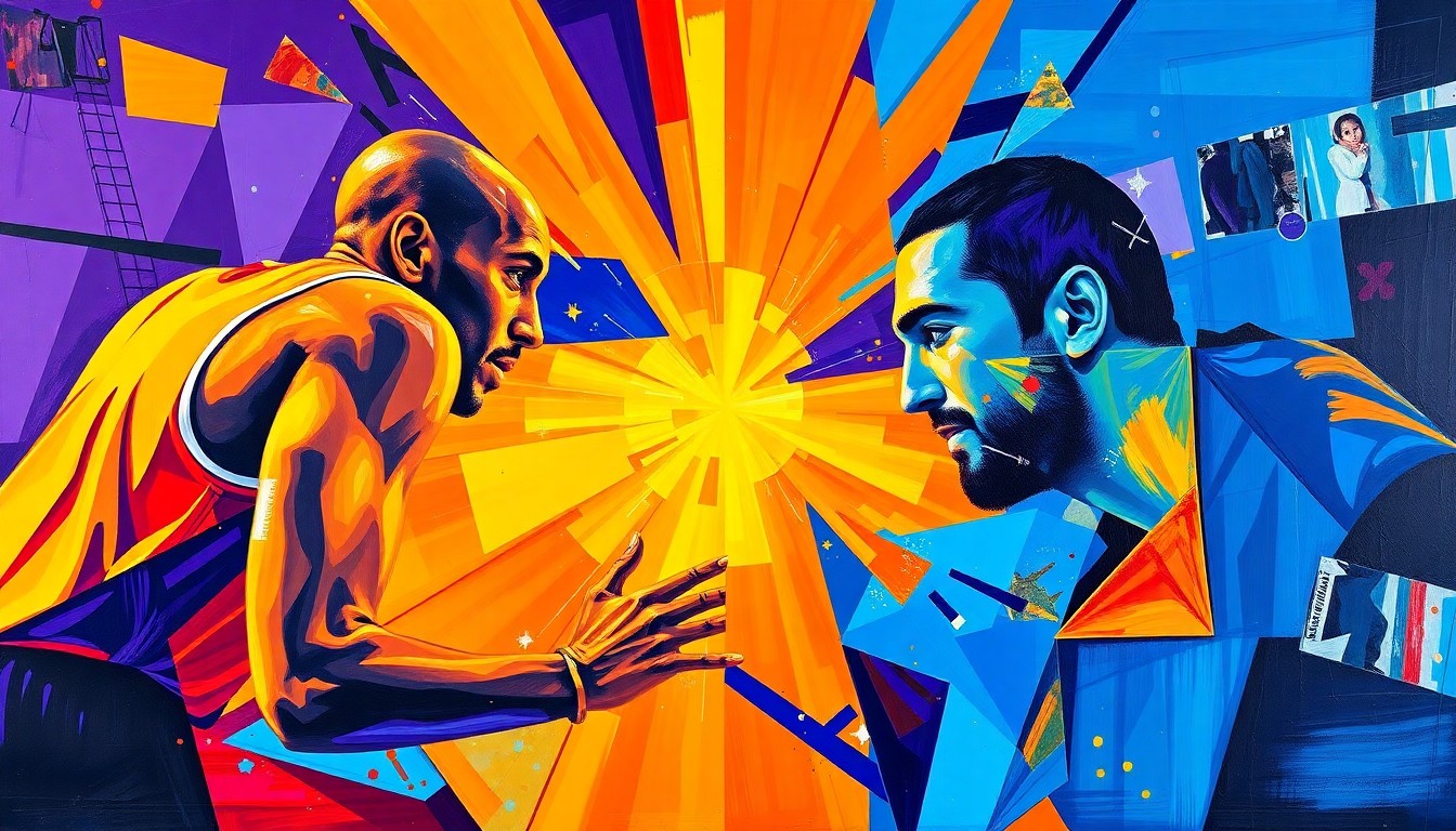 A fragmented, geometric painting depicting the dynamic movements and competitive spirit of a basketball game or match, with sharp planes of color and overlapping perspectives representing the clash of two legendary players.