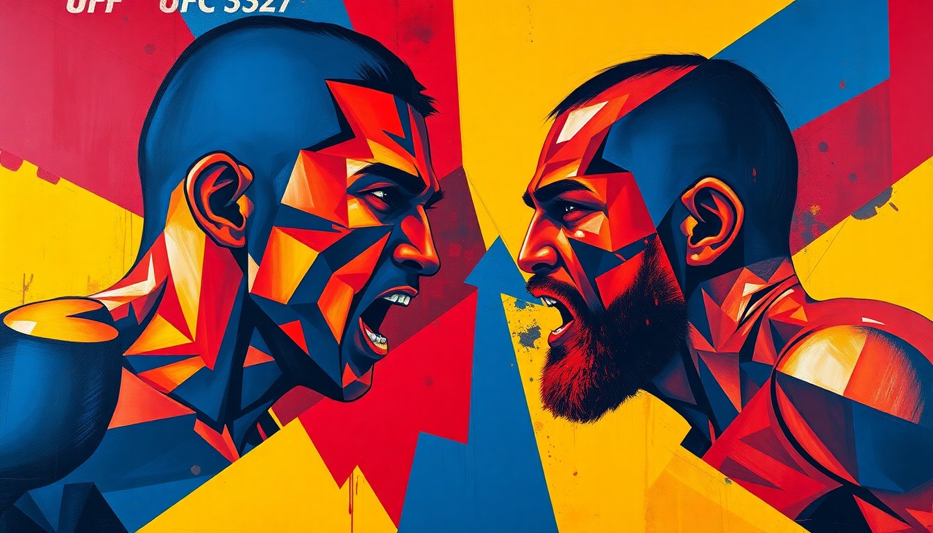 A fractured, cubist-style painting depicting the dynamic movements and energy of a heavyweight MMA fight, with sharp geometric shapes and planes in vibrant colors representing the intensity of the competition.