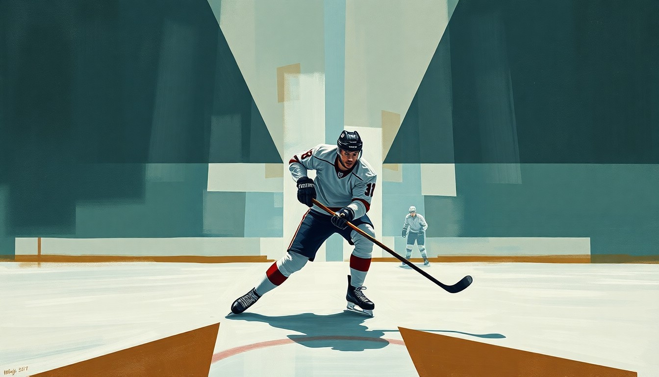 A fractured, geometric painting depicting the movements and positioning of a hockey defenseman, rendered in muted earth tones to convey the player's experience and resilience.