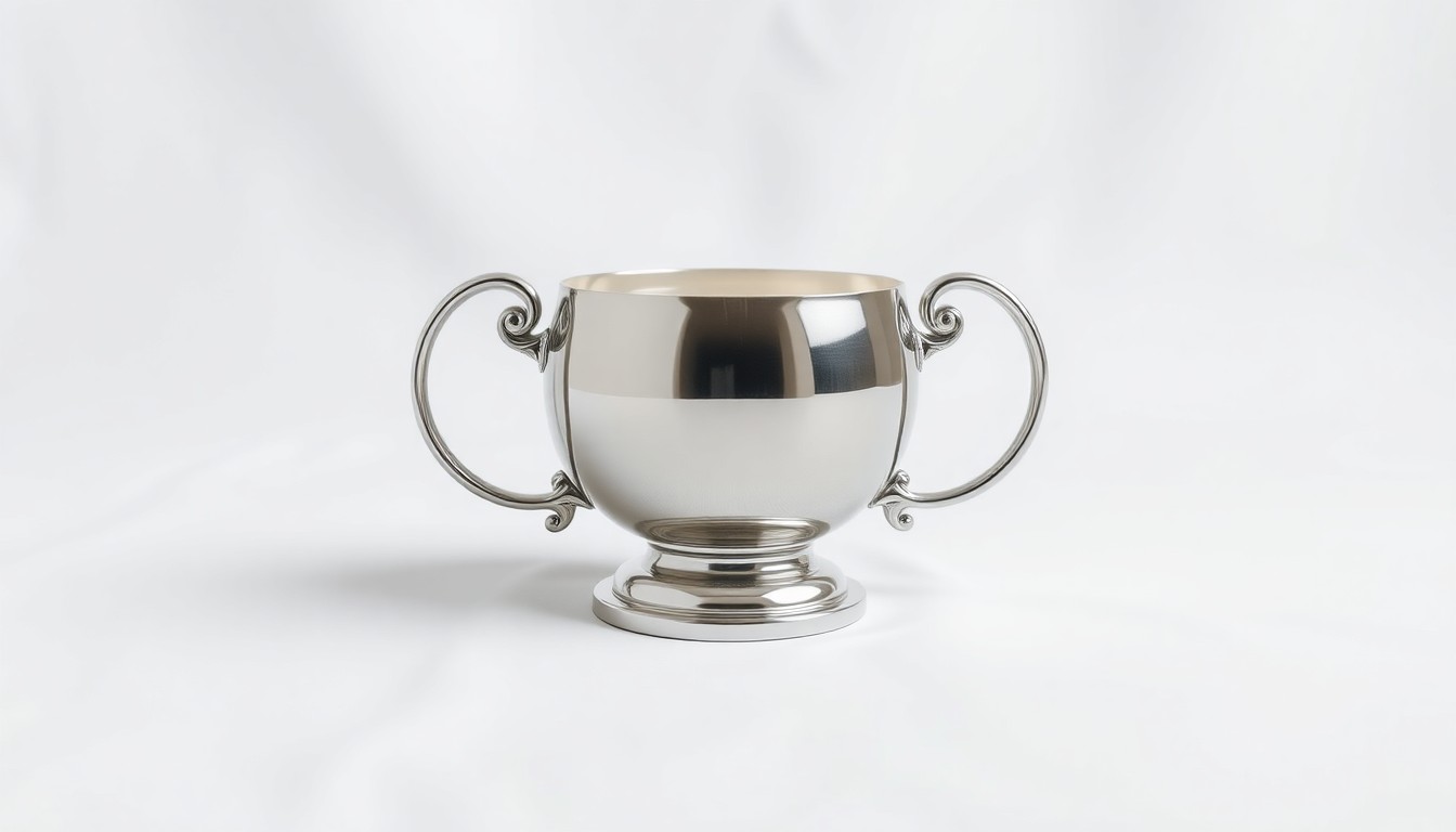 A close-up photograph of a shiny silver trophy or award on a plain white background, representing the many accolades and honors received by James Gilmor Morgan Jr. over his distinguished career.