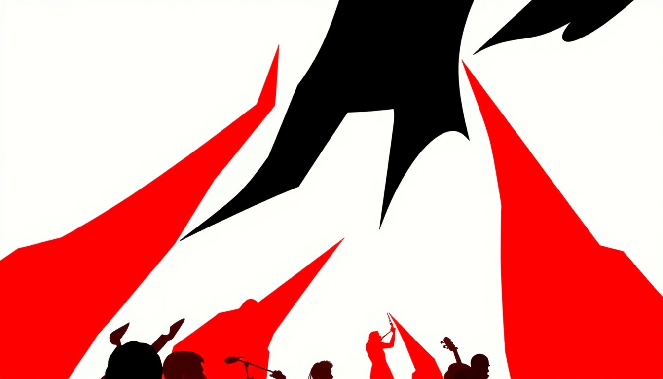 A striking abstract composition of geometric black silhouettes in shades of red, black, and white, conceptually representing the fusion of classical and rock music.