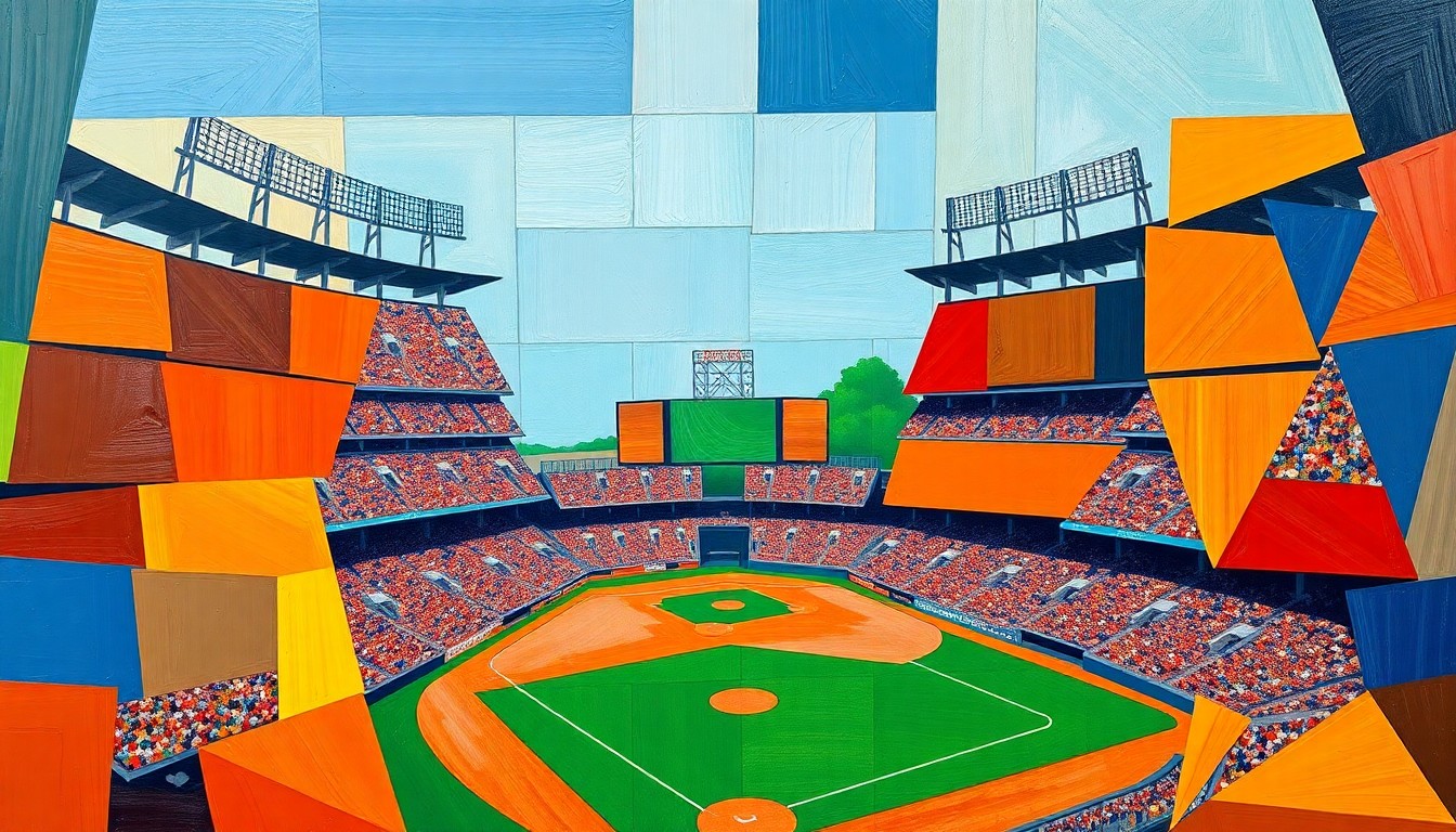 A cubist, geometric painting depicting a fragmented view of a baseball stadium, with overlapping planes of bright orange, blue, and green colors representing the energy and excitement of the Orioles' new themed ticket offerings.