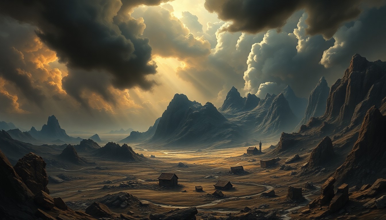 A vast, majestic landscape painting in muted tones, with the remnants of damaged structures barely visible in the distance, dwarfed by the overwhelming scale of the natural environment. The scene conveys a sense of melancholy and the sublime power of the elements.