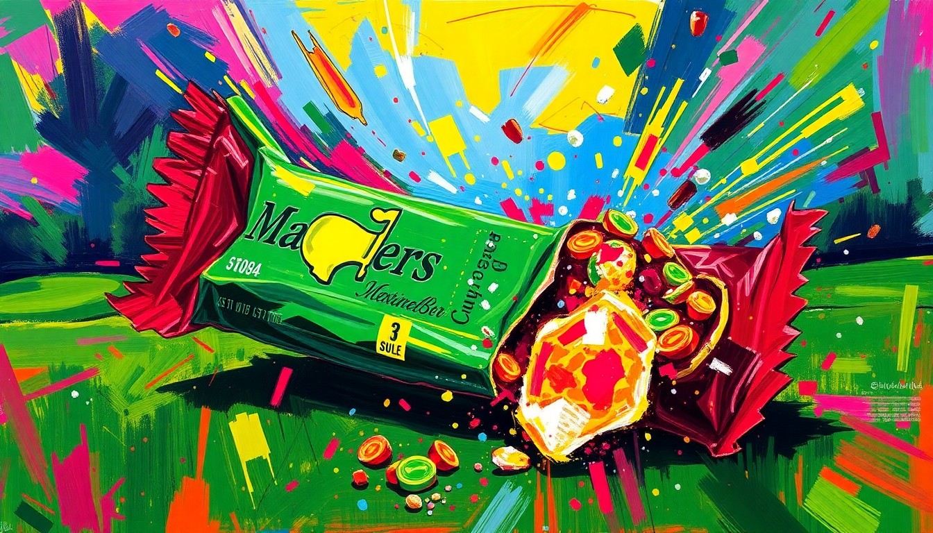 An abstract, energetic painting featuring bold strokes of neon yellow, orange, and red, conceptually representing the indulgent experience of enjoying a Masters Candy Bar on the golf course.