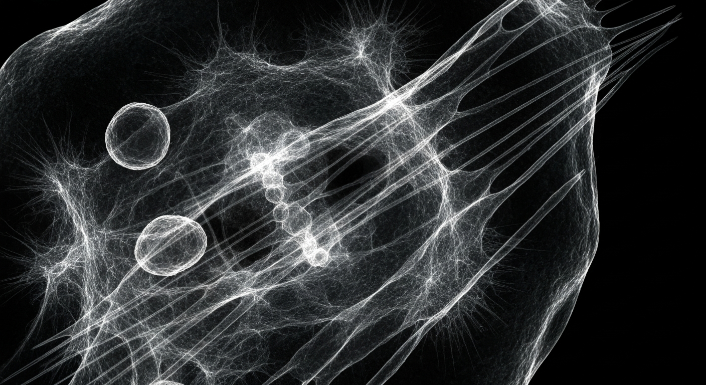 An abstract, ghostly X-ray image revealing the complex internal structure of a human cell, conveying the scientific and medical advancements in regenerative biology.