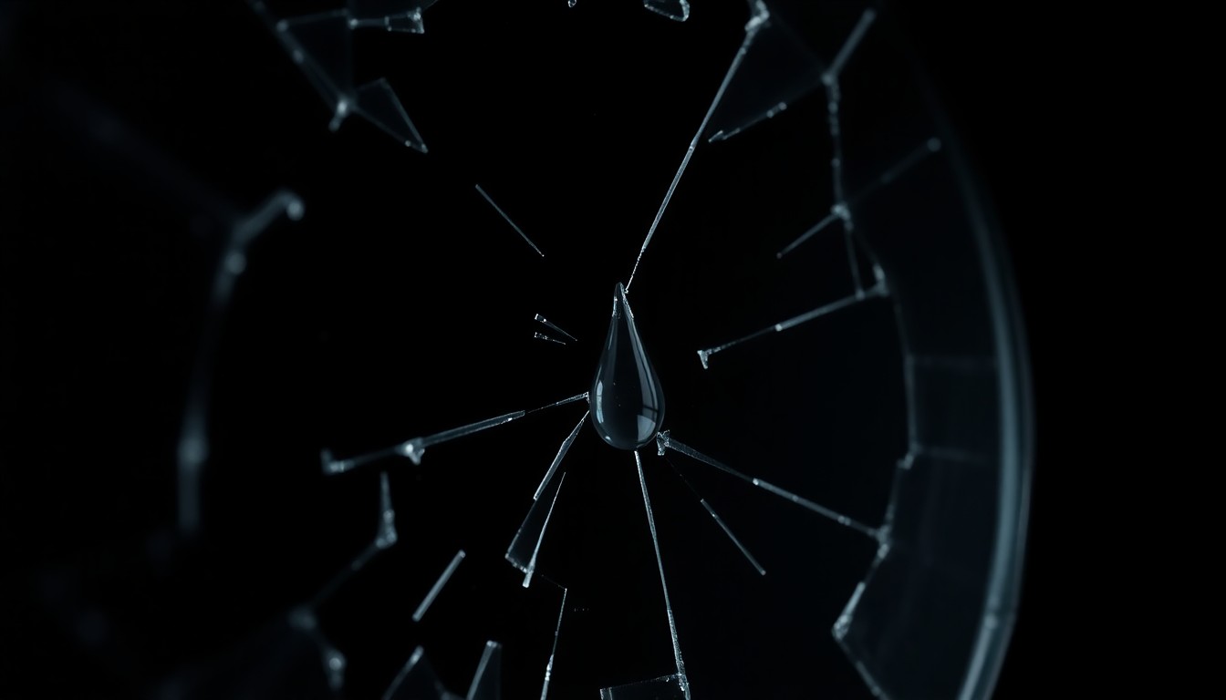 An extreme close-up photograph of a cracked glass mirror surface reflecting a single tear drop, conceptually representing the emotional vulnerability and personal struggles of a celebrity dealing with grief.