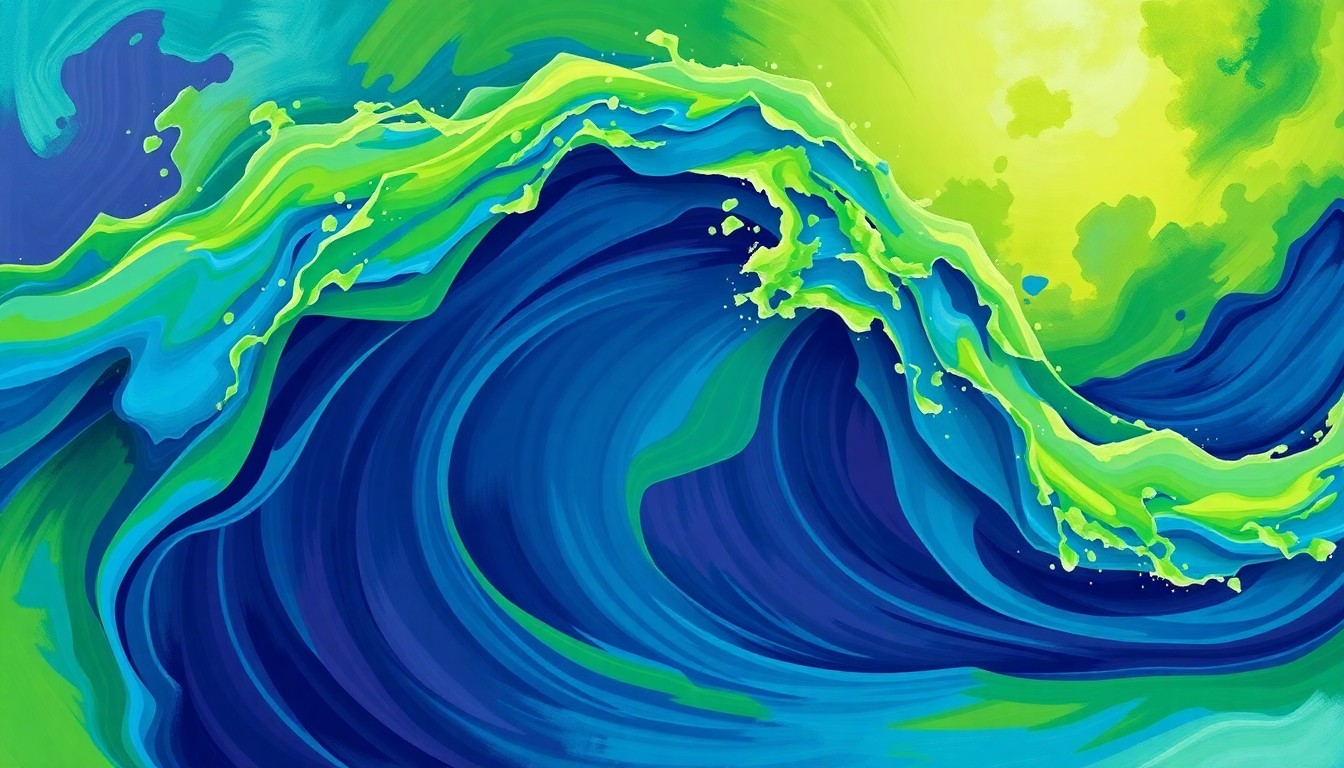 A vibrant, abstract painting of overlapping, fragmented shapes in shades of green, blue, and purple, conveying the dynamic and rapidly evolving nature of the legal cannabis industry.