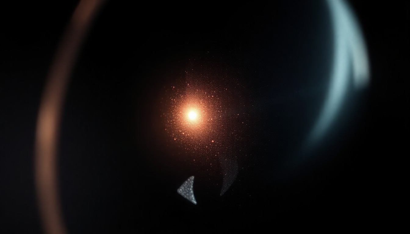 An extreme close-up photograph of a damaged car sensor or camera lens, lit by a harsh, direct camera flash against a pitch-black background, conceptually illustrating the aftermath of a confrontation between ICE agents and a wanted criminal suspect.