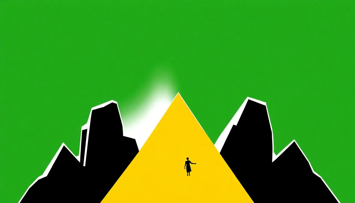 A minimalist, abstract illustration featuring sharp, angular shapes in shades of green, yellow, and white, conceptually representing the iconic musical The Sound of Music without any text or literal imagery.