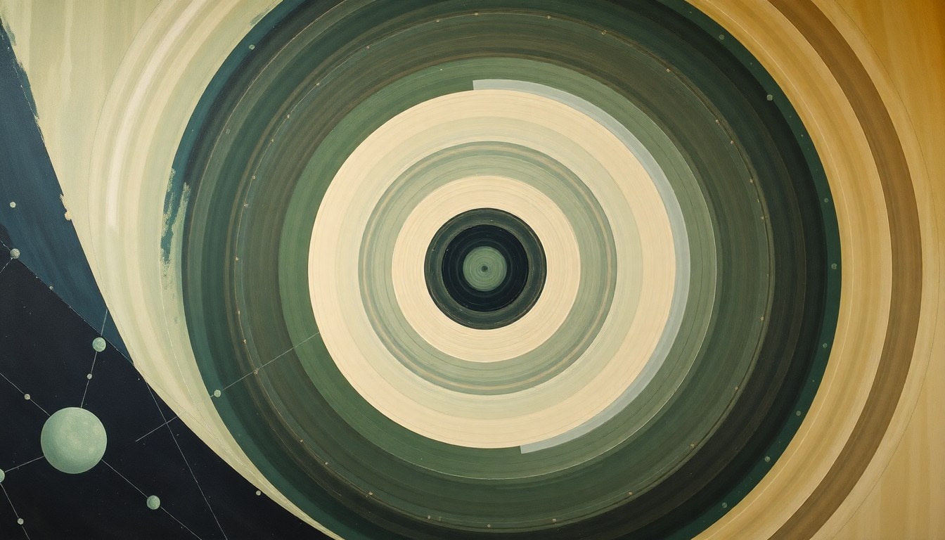 A highly structured abstract painting in soft, earthy tones of green, blue, and brown, featuring sweeping geometric arcs, concentric planetary circles, and precise botanical spirals, conveying the structural order and complex forces of the universe.