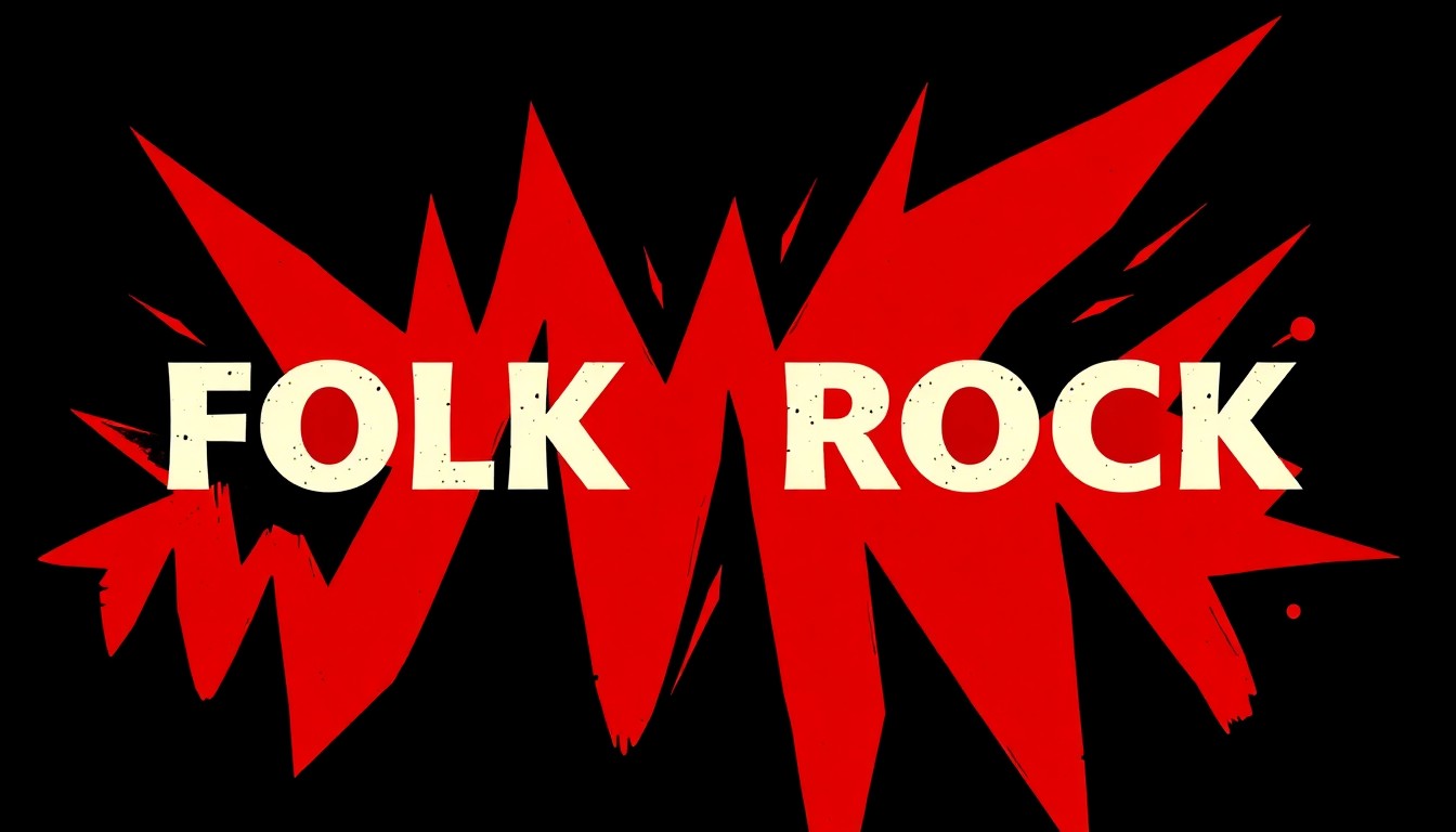 A striking abstract illustration featuring bold, angular shapes in black and red, conveying the energy and fusion of folk and rock music.