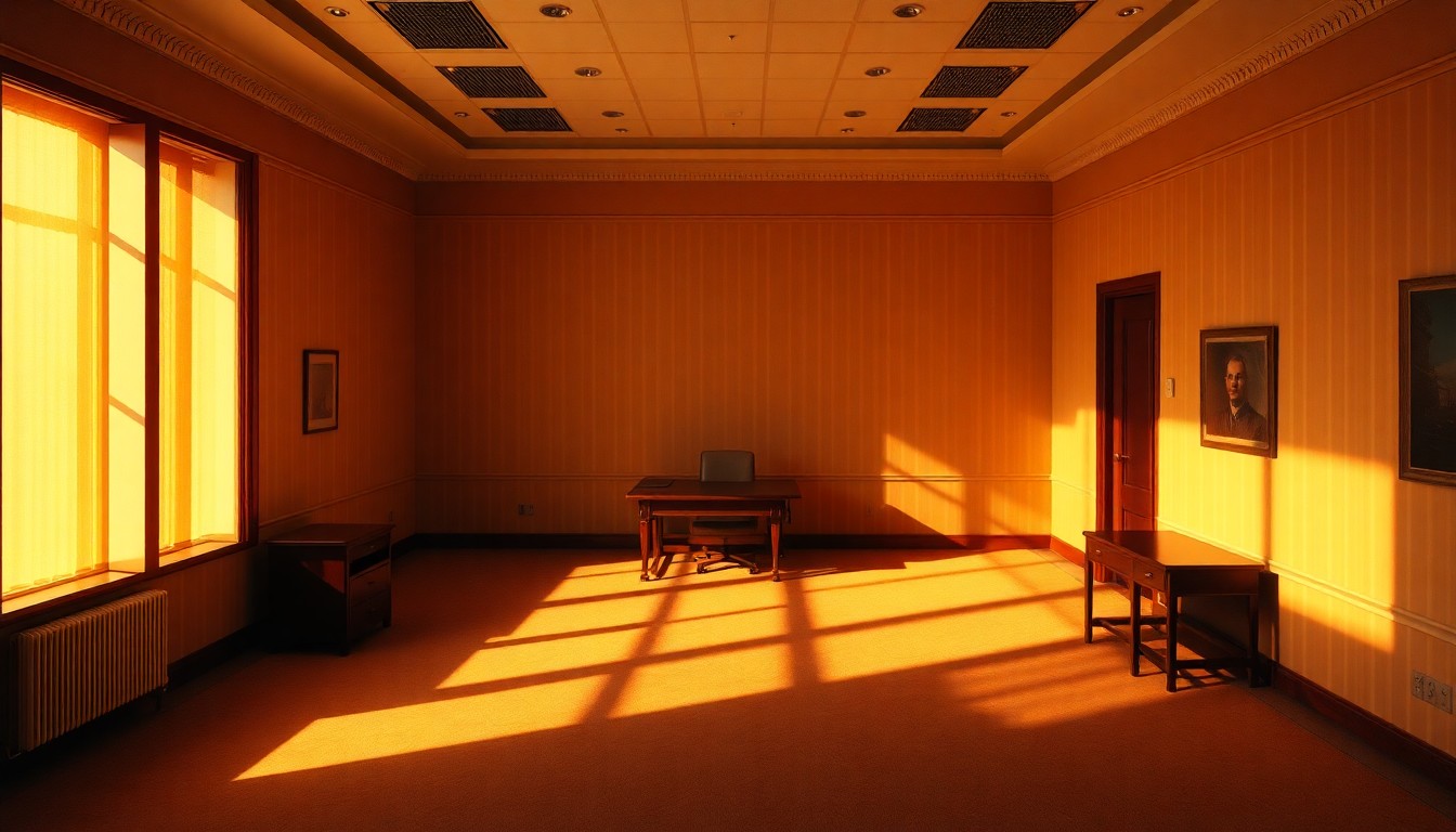 A dimly lit, cinematic painting of an empty political office space, with warm sunlight streaming through the windows and deep shadows casting a contemplative mood, conceptually representing the weight of political power and the divisions within the Republican party.