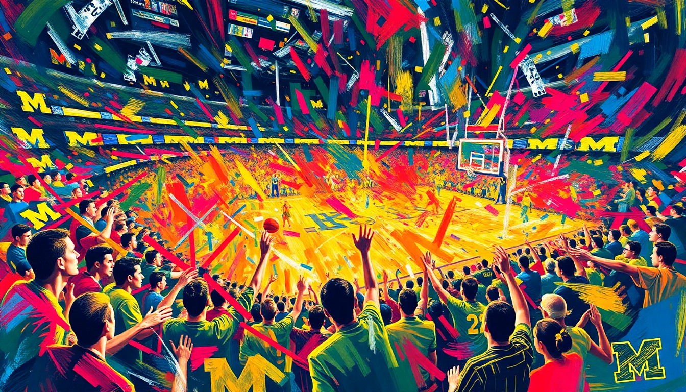 An abstract, expressionist painting in vibrant neon colors depicting the dynamic energy and emotion of a crowd cheering and celebrating at a sports arena, with the players' forms dissolved into sweeping brushstrokes.