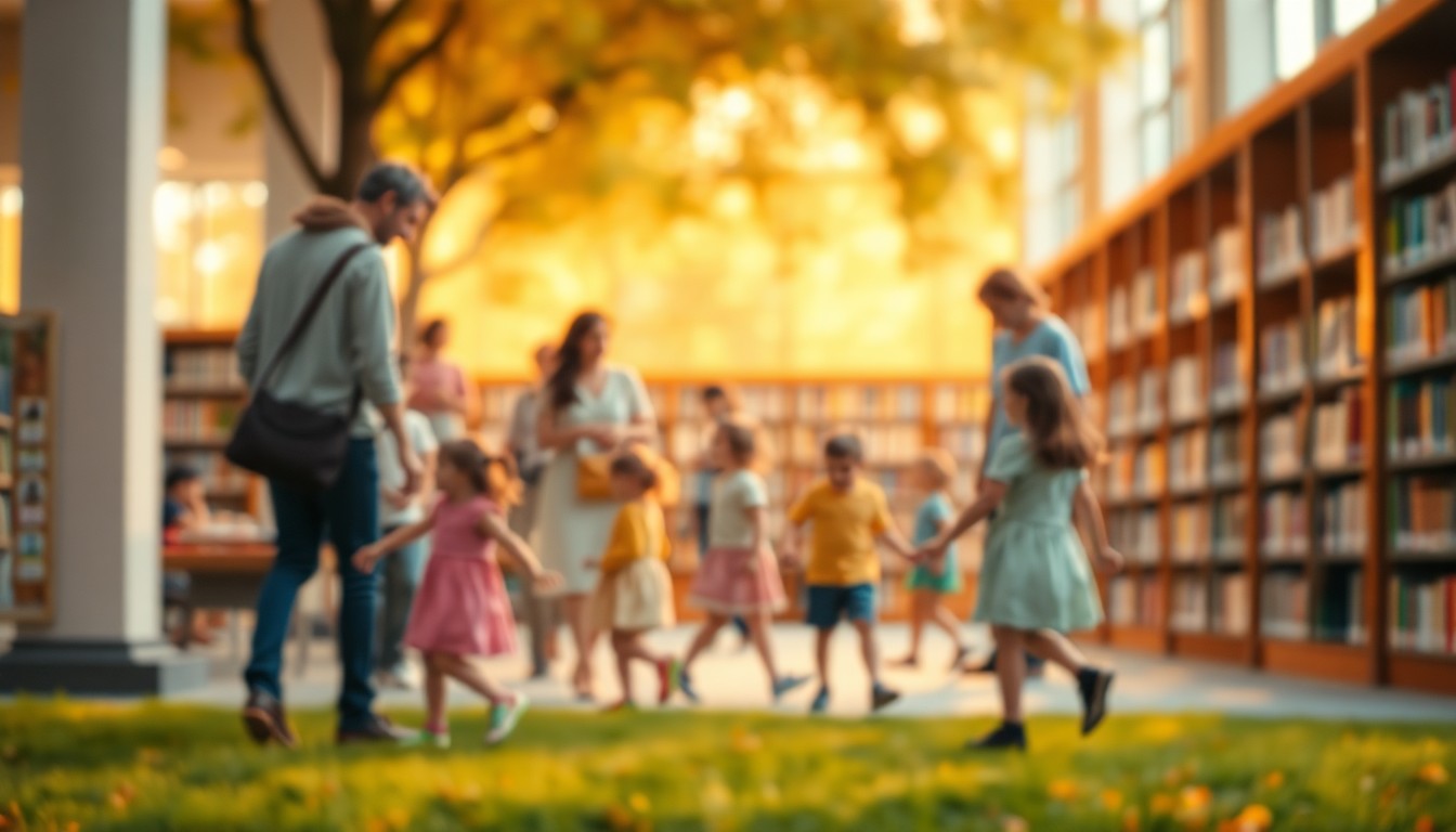 An abstract, out-of-focus photograph in soft, warm tones depicting a group of young children and their parents playing and interacting in a community setting, conceptually representing the joyful and inclusive spirit of the Week of the Young Child event.