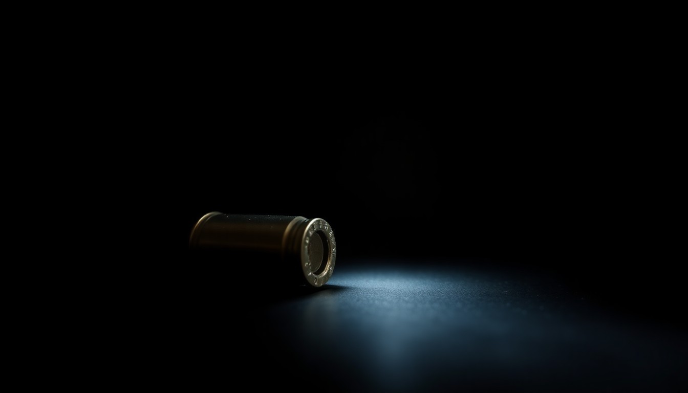 An extreme close-up photograph of a single spent bullet casing against a pitch-black background, the metallic surface reflecting the harsh, direct light of the camera flash, creating a stark, gritty, investigative aesthetic.