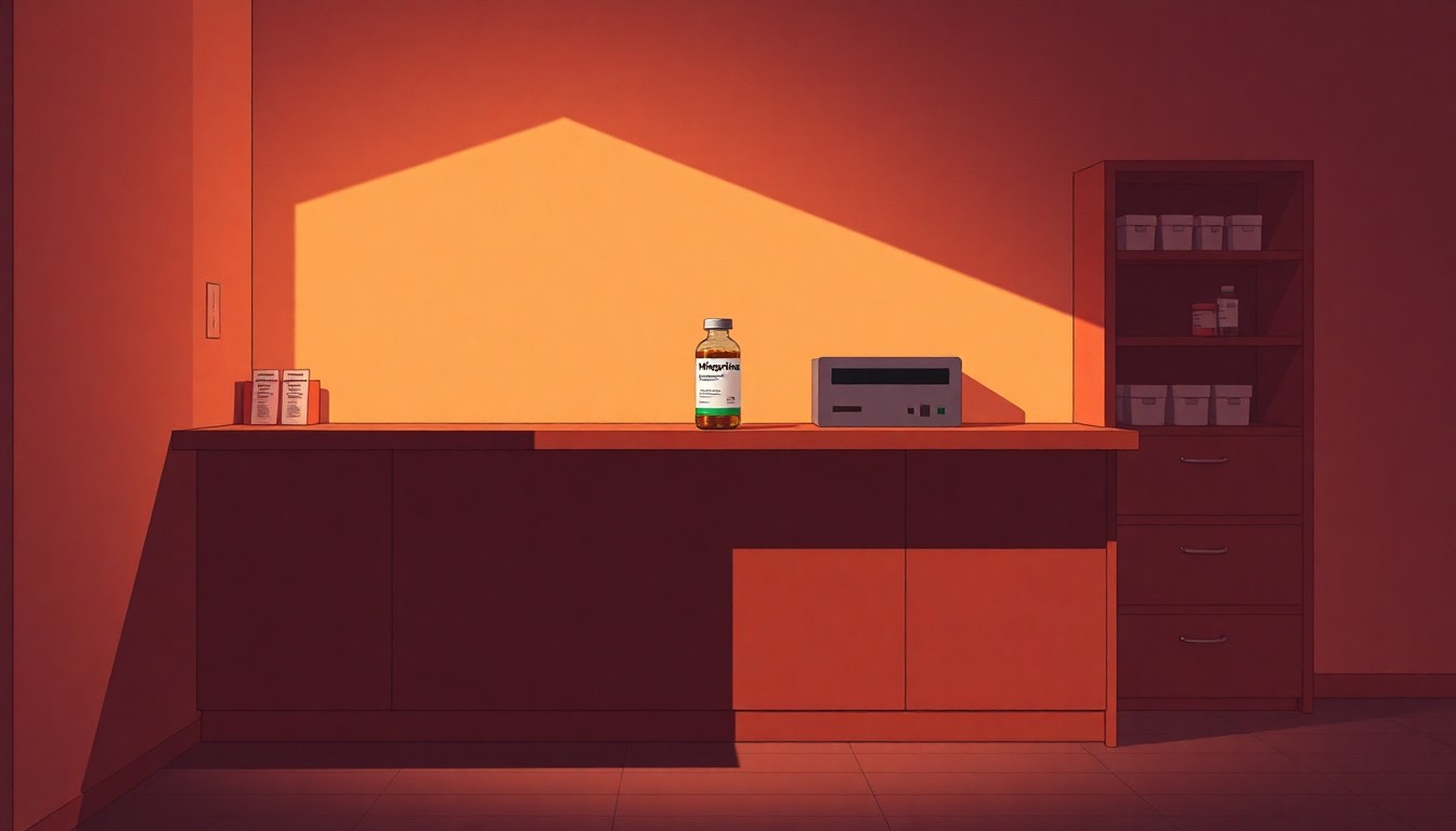 A dimly lit, warm-toned painting of a solitary pharmacy counter with a single bottle of medication sitting on the counter, casting a long shadow, conveying a sense of quiet tension and uncertainty.