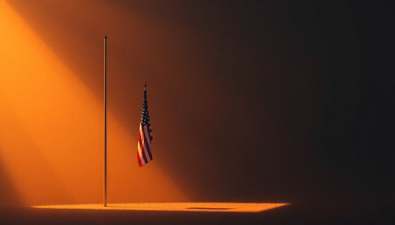 A serene painting of an American flag pole standing alone in a warm, golden light, conveying a sense of quiet contemplation and reverence.