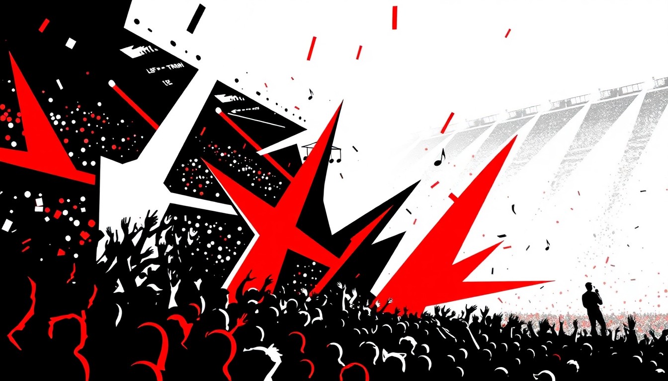 A striking abstract illustration featuring bold, geometric black shapes against a bright red background, conceptually representing the fusion of live music and professional sports.
