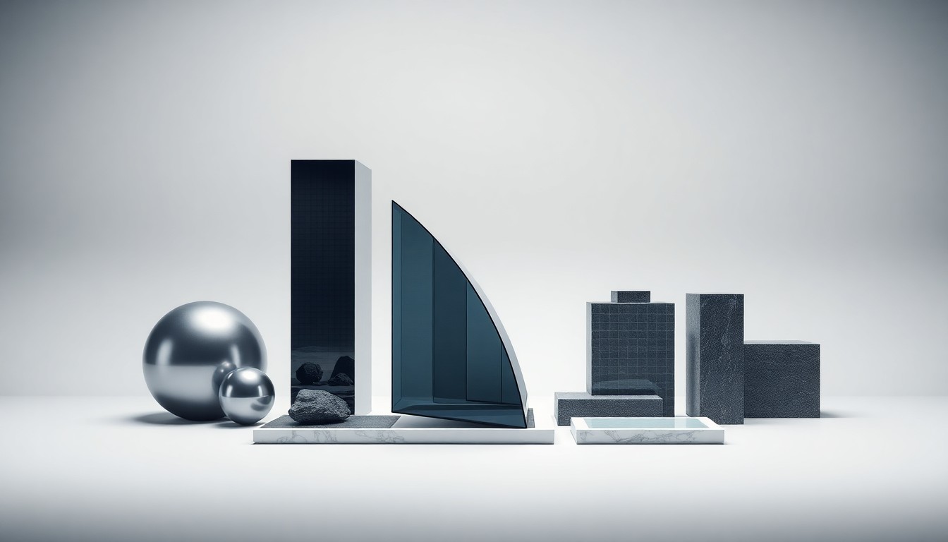 A photorealistic studio still life featuring a collection of sleek, geometric objects in polished materials like steel, glass, and stone, arranged elegantly on a clean, monochromatic background to symbolize the commercial real estate and municipal finance behind Orland Park's redevelopment plans.