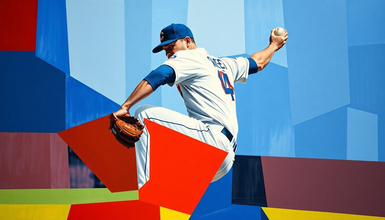A fragmented, geometric painting depicting the motion of a baseball pitcher, with sharp planes of blue and red representing the Chicago Cubs' colors, conveying the dynamic energy of the team's mid-season roster changes.