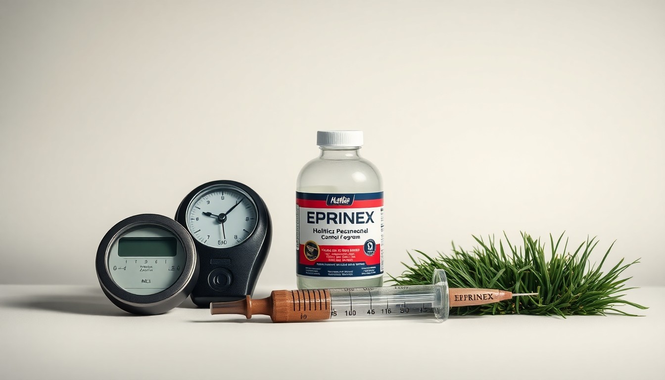A photorealistic studio still life featuring a collection of polished, geometric objects representing the various components of a holistic cattle parasite control program, including a grazing meter, a syringe, a bottle of EPRINEX dewormer, and a healthy grass sample, arranged elegantly on a clean, monochromatic background with dramatic lighting to convey the abstract concepts of pasture management, herd health, and strategic deworming.