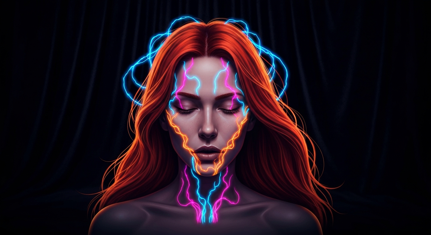 A glowing neon outline of a person's head with swirling, chaotic energy lines emanating from it, conceptually representing the internal struggles of mental health challenges.