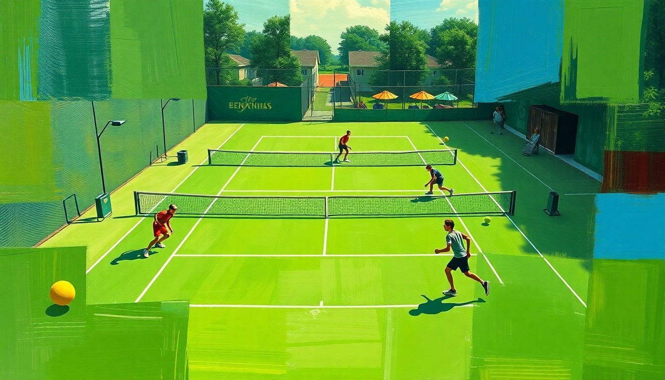 A cubist, geometric painting depicting the overlapping movements and perspectives of a high school boys tennis match, with sharp planes of green courts, yellow balls, and shadowy player forms.