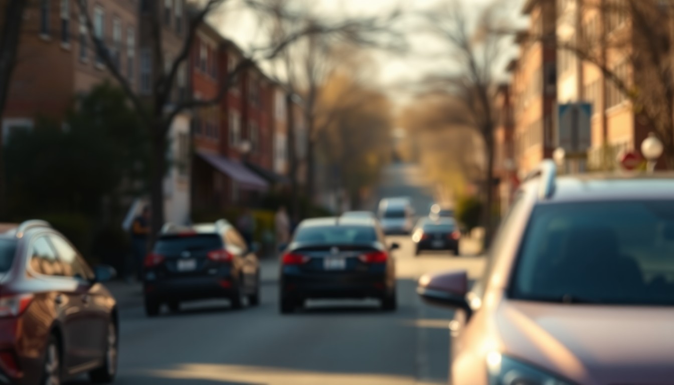 An abstract, out-of-focus scene of a residential street, with the faint shapes of cars and people moving through the frame, conveying a sense of community and everyday life disrupted by an unseen conflict.