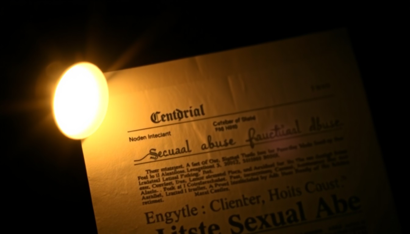 An extreme close-up photograph of a legal document or court file related to the clergy sexual abuse case, lit by a harsh, direct camera flash against a pitch-black background, conveying a stark, gritty, investigative aesthetic.