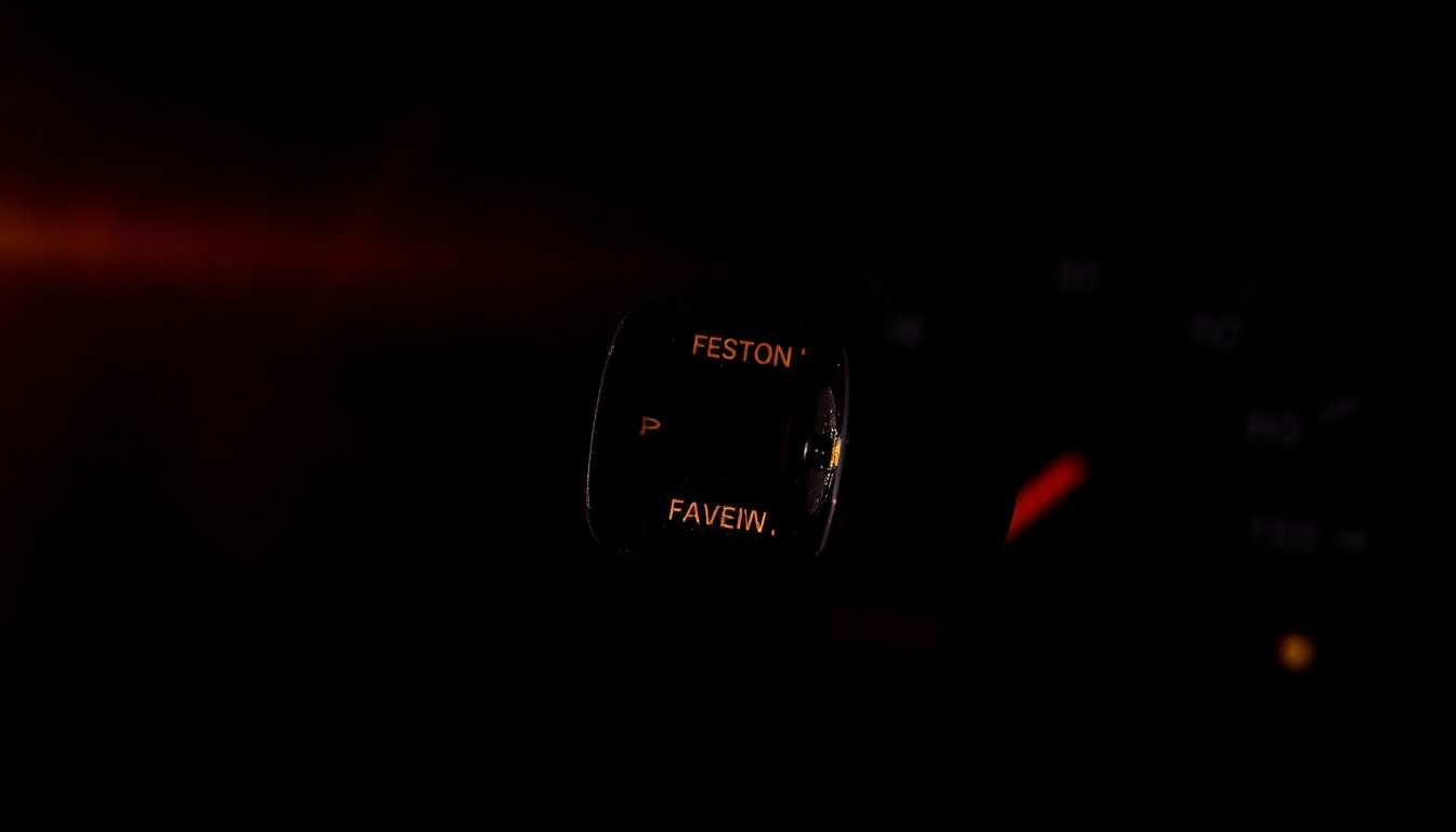 An extreme close-up photograph of a damaged car sensor or dashboard component, lit by a harsh, direct camera flash against a pitch-black background, creating a stark, gritty, investigative aesthetic.