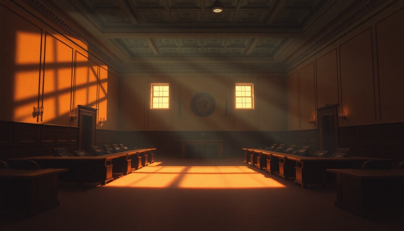 A dimly lit, cinematic painting of an empty city council chamber, with warm sunlight streaming through the windows and deep shadows cast across the room, conveying a sense of quiet contemplation and civic responsibility.