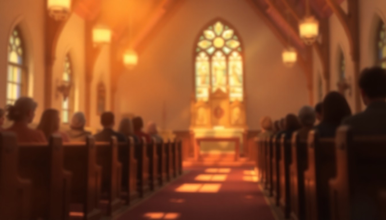 An extremely abstracted, out-of-focus photograph of a church interior, with soft pools of warm light and color creating a reverent, reflective atmosphere.