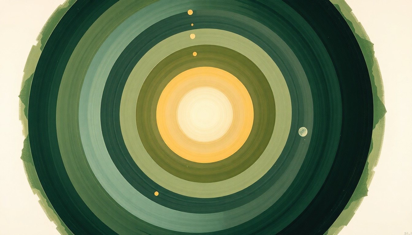 A bold, abstract painting in earthy tones of green, blue, and brown, featuring sweeping geometric arcs, concentric circles, and precise botanical spirals, conceptually representing the structural order and scientific forces behind the Artemis II mission to the moon.