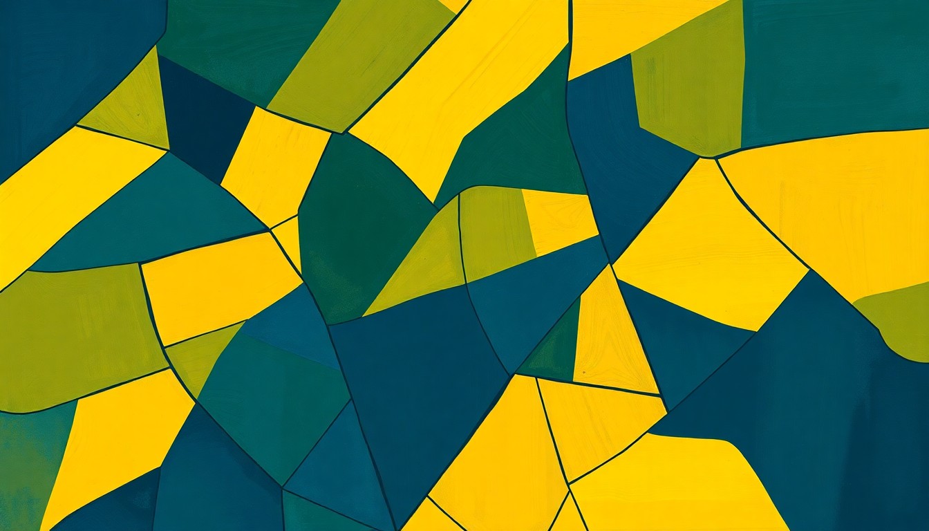 A highly textured, fragmented painting with overlapping geometric shapes and lines in shades of navy, green, and yellow, conceptually representing the political debate over college degree funding.