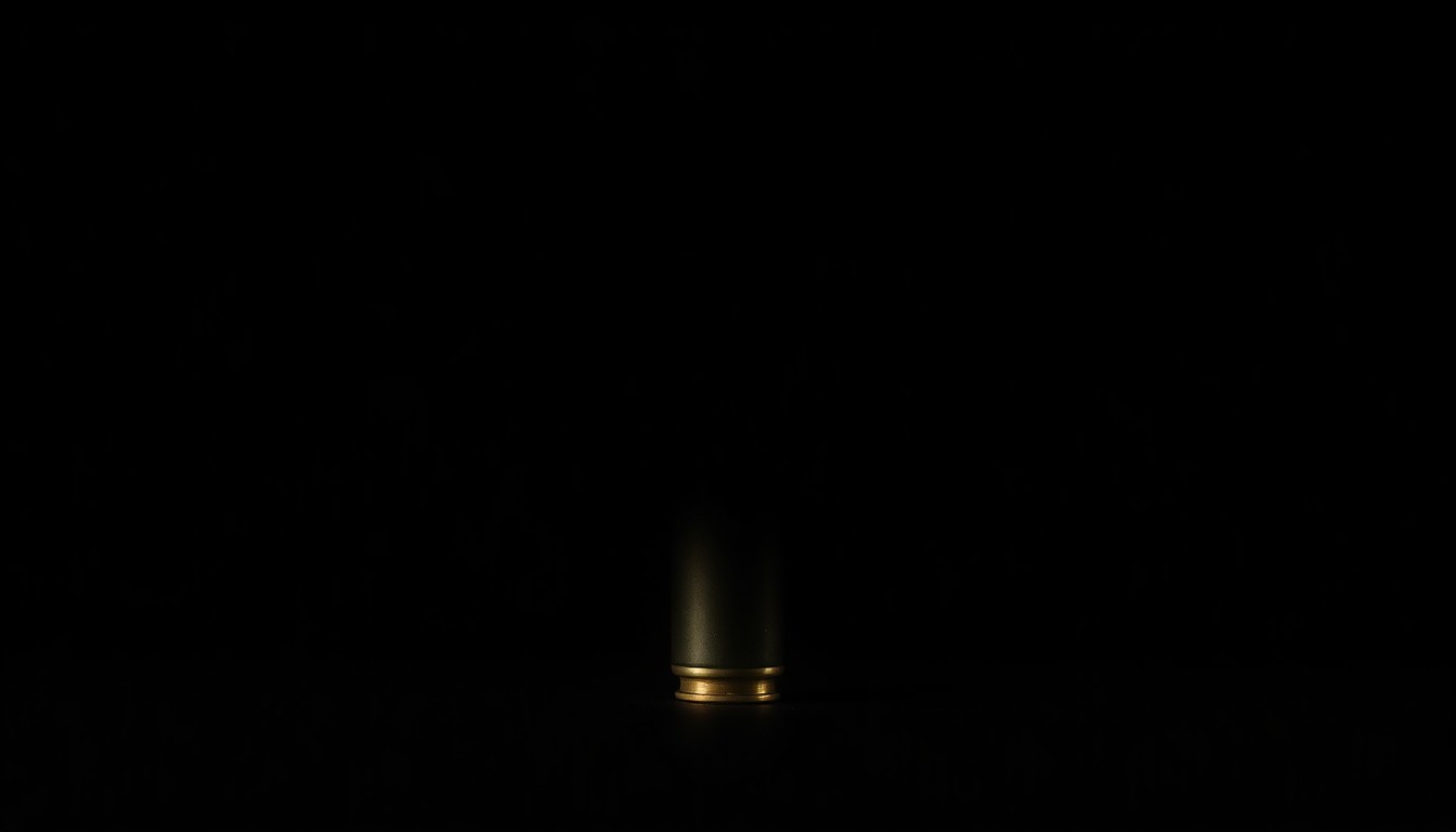 An extreme close-up of a single bullet casing, its metallic surface reflecting the harsh light of the camera flash, conceptually representing the violence and criminal nature of outlaw motorcycle gangs.