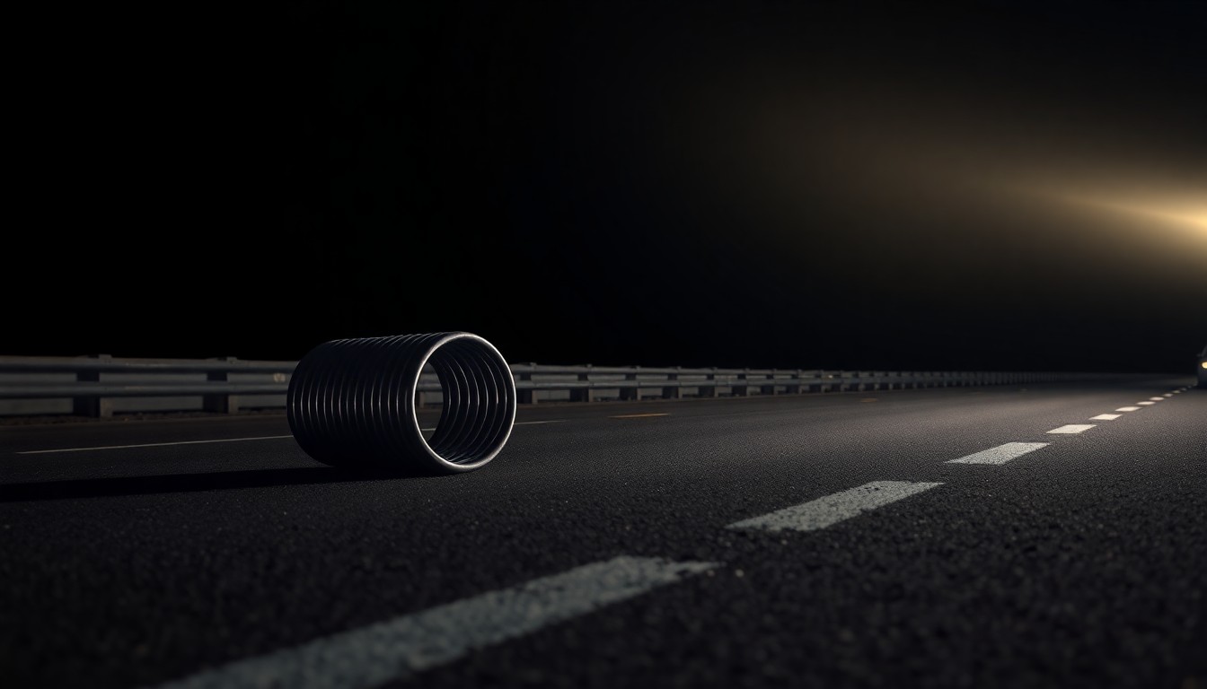 An extreme close-up photograph of a single steel coil lying on the dark asphalt of a highway, the metal surface reflecting the harsh, direct light of the camera flash, conceptually illustrating the aftermath of a cargo transportation accident.