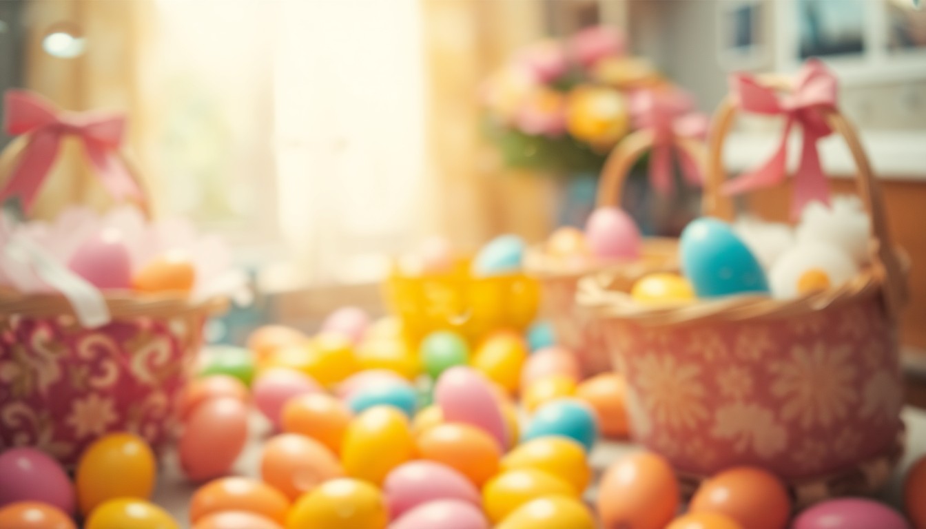 An abstract, impressionistic photograph showing a blurred, out-of-focus scene of colorful Easter baskets and plastic eggs, conveying the chaotic energy and sense of relief from the incident at the church event.