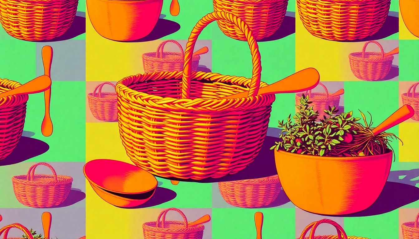 A bold, colorful silkscreen print featuring repeated images of a handwoven basket, a wooden spoon, and a bundle of herbs, capturing the spirit of traditional crafts and skills showcased at the Lost Arts Festival.