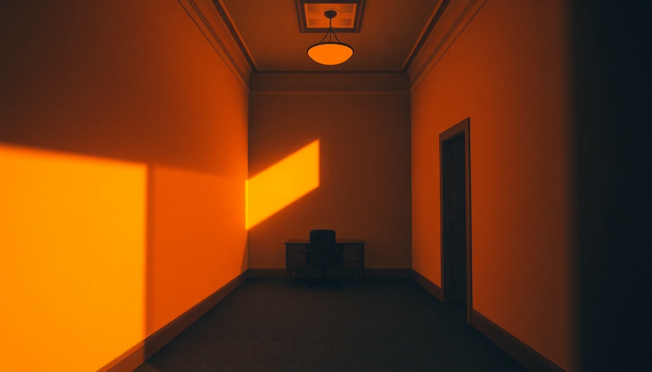 A dimly lit, cinematic painting of a solitary government office or legislative building, with warm sunlight streaming through the windows and casting deep shadows across the room, conceptually representing the political endorsement and its broader implications.