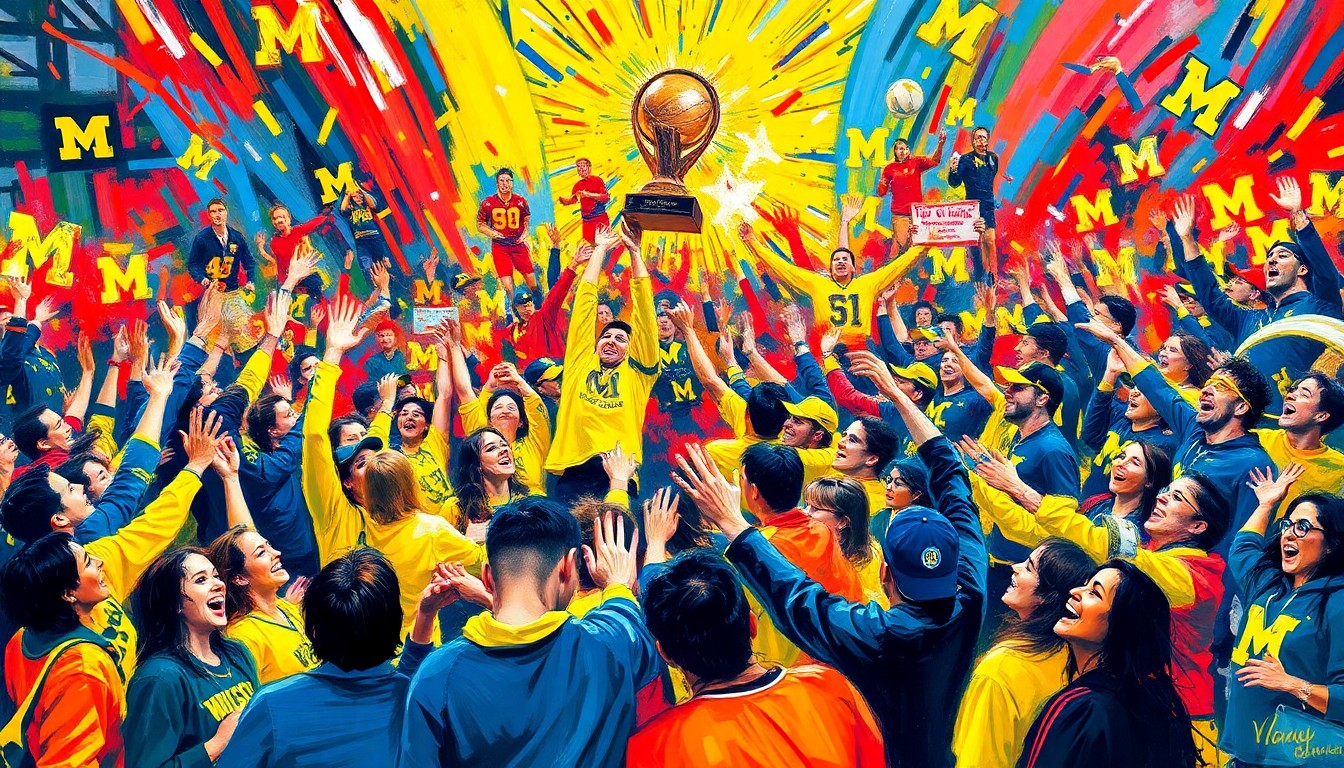 A dynamic, expressionist painting featuring a crowd of people in maize and blue clothing jumping, cheering, and embracing, capturing the raw energy and excitement of the University of Michigan's NCAA championship win celebration.