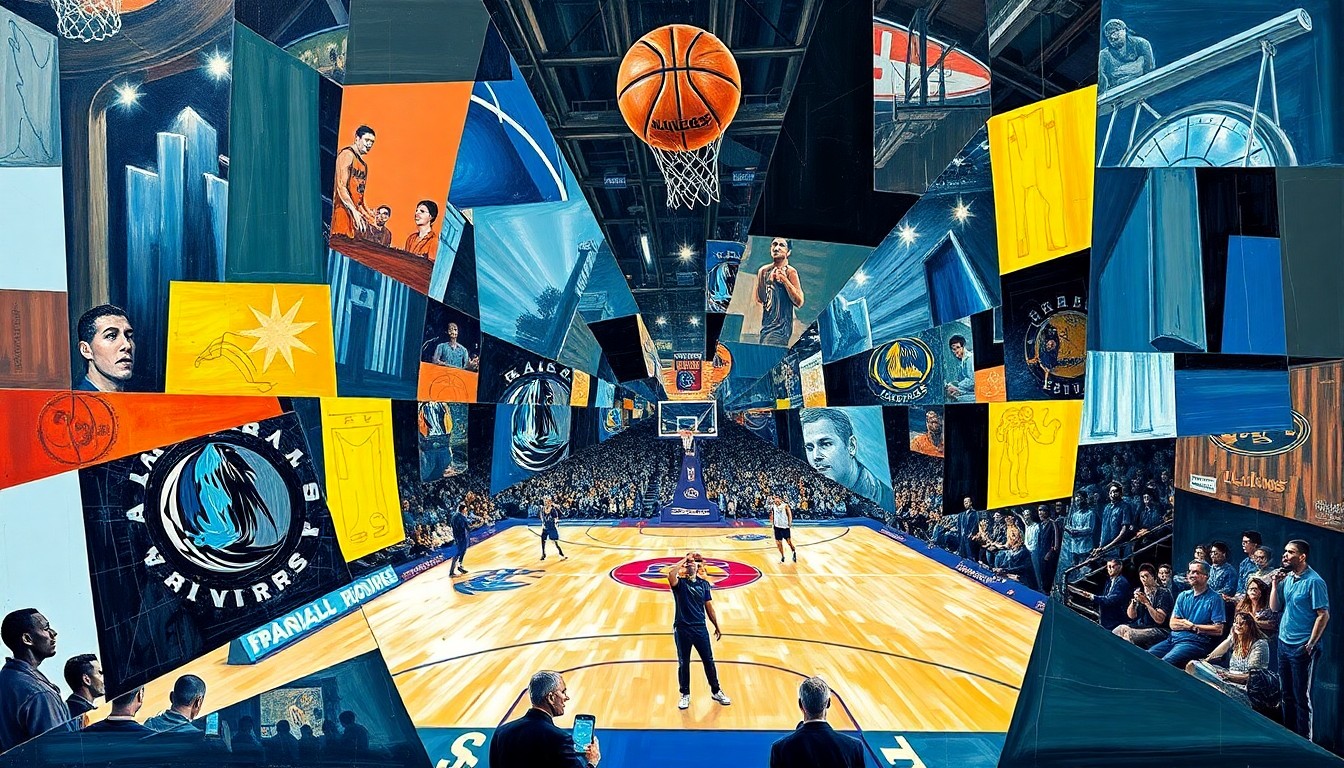 A fragmented, geometric painting depicting the silhouettes of basketball players in motion, representing the 'what-if' scenario of Kobe Bryant and Dirk Nowitzki playing together on the Dallas Mavericks.
