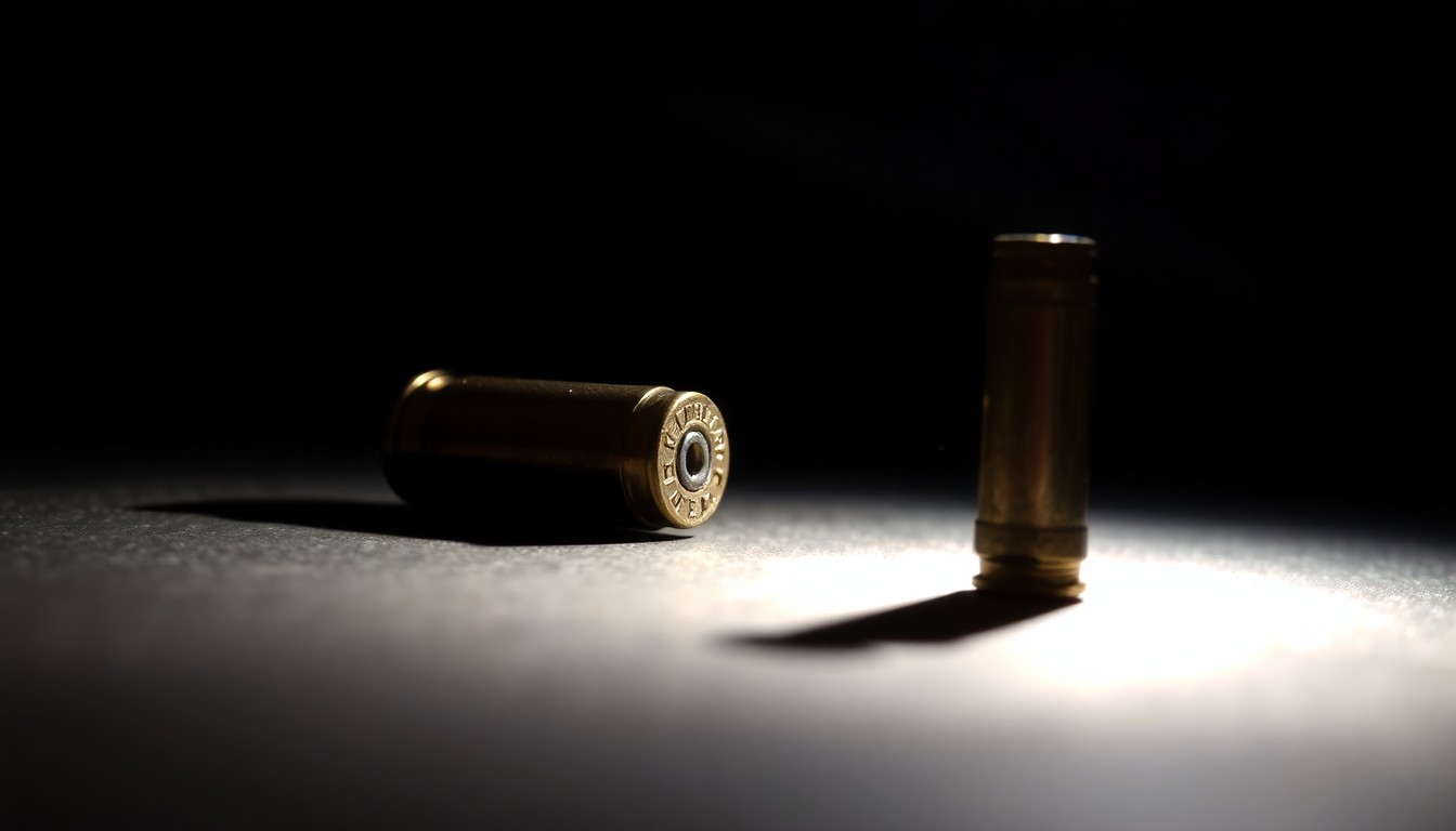 An extreme close-up photograph of a single spent bullet casing on a dark surface, lit by a harsh, direct camera flash, conceptually representing the sudden violence of a shooting incident.