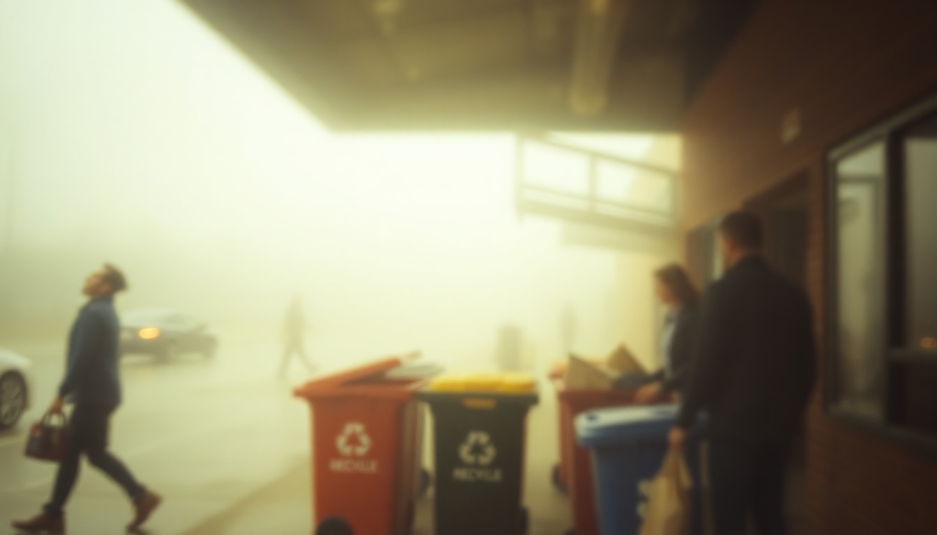 An extremely blurred and abstracted scene of people dropping off recycling bins at a city facility, with warm, hazy pools of light and color creating a soft, atmospheric mood.
