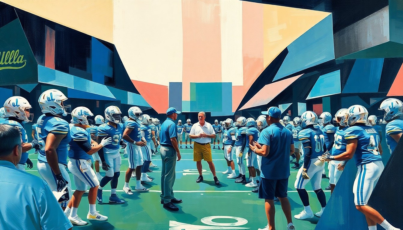 A fractured, multi-perspective painting depicting a UCLA football practice scene, with players and coaches reduced to abstract geometric shapes and angles, capturing the intensity and chaos of Chesney's training methods.