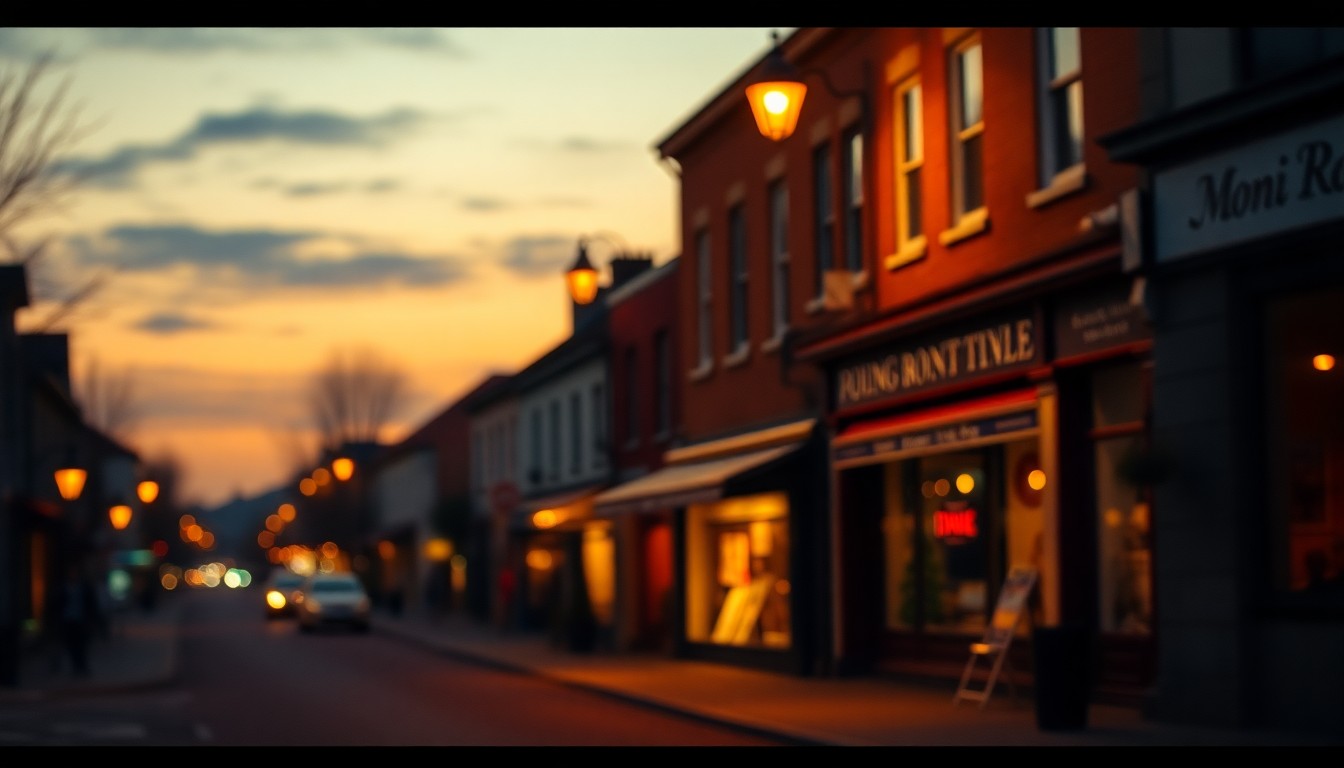 An extremely abstracted, out-of-focus photograph of a dimly lit main street, with warm pools of light from streetlamps and shop windows creating a nostalgic, atmospheric mood that conceptually represents the loss of a community member.