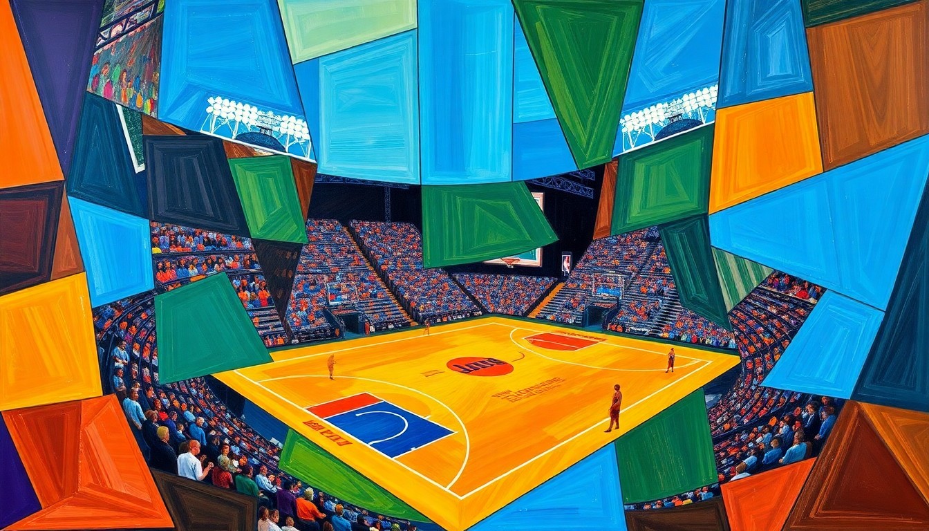 A fragmented, cubist-style painting depicting the action of a basketball game or baseball diamond, with sharp geometric shapes and planes in a vibrant color palette, conceptually representing the excitement and unpredictability of sports prediction markets.