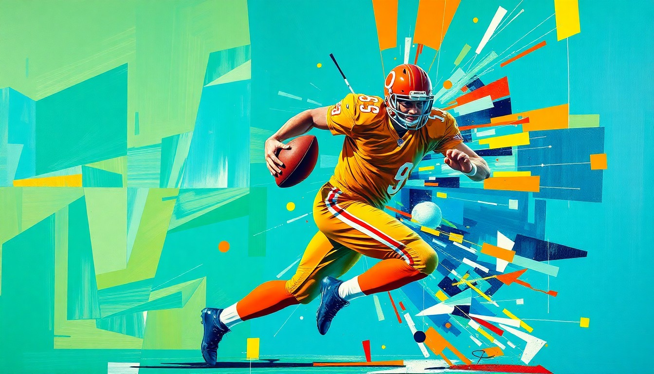A fragmented, cubist-style painting depicting a football player in motion, with sharp geometric shapes in vibrant colors representing the dynamic nature of contract negotiations in professional sports.